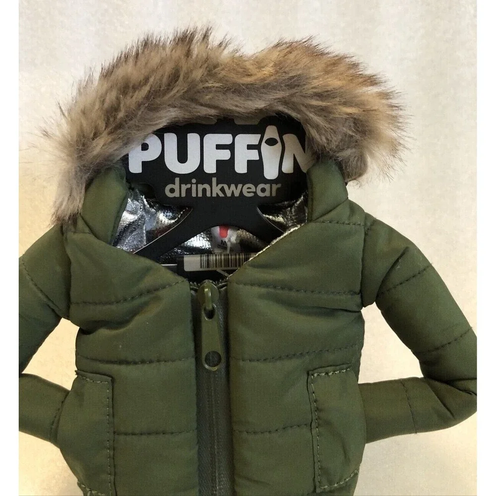 Puffin drinkwear Drink Parka Jacket Koozie The Pahka Olive Green w/ Fur Hood NEW